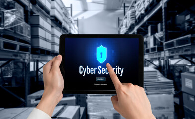 Cyber security system on computer screen protect private information snugly from hacker and cyber attack