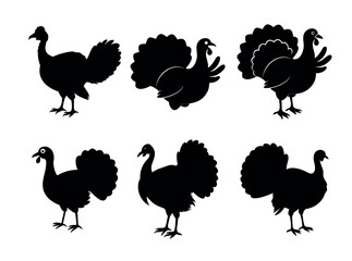 Silhouette Collection of Turkeys for Thanksgiving Design, A set of six black silhouette turkeys, isolated on a white background, turkey, silhouettes, thanksgiving, holiday, autumn, fall, farm, avian, 