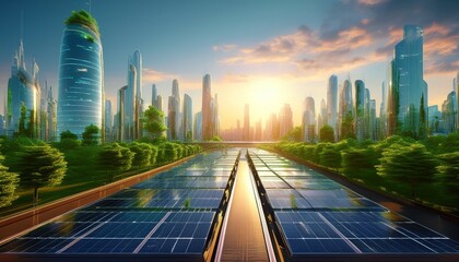 A futuristic smart city skyline at sunrise, filled with green rooftops, solar panels, clean streets, and AI-driven infrastructure. Bright, optimistic, ultra-detailed, no people