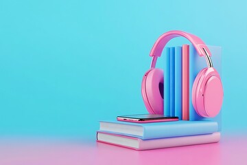 Books with headphones and smartphone on a pink background. 3D Render