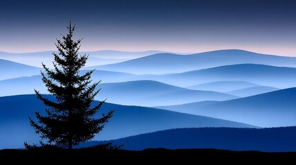 Fototapeta premium Serene Blue Mountain Landscape - Silhouette of a single tree against a backdrop of rolling blue mountains under a twilight sky. Peaceful and tranquil nature scene
