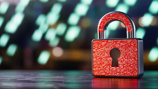 Padlock symbolizing digital security with binary code pattern and bokeh background