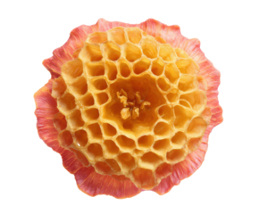 Close-up of Honeycomb Structure Golden Hexagonal Cells and Pink Petal-like Frame