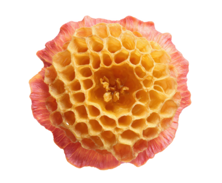 Close-up of Honeycomb Structure Golden Hexagonal Cells and Pink Petal-like Frame