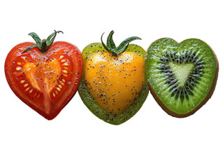 Three different colored fruits are arranged in a row