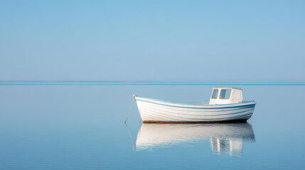 Naklejka premium serene scene featuring motorboat on tranquil waters positioned to left creating ample space for text