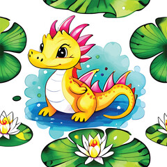 Fototapeta premium Adorable Baby Dragon On Lily Pad Seamless Vector Pattern For Childrens Decor Nursery Art And Cute Textile Designs With Watercolor Style