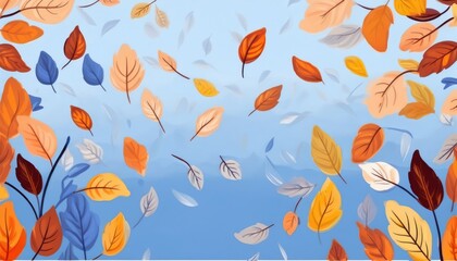 vibrant hand-drawn autumn leaves pattern on blue background for web design, textile print, packaging, wallpaper, and seasonal branding with detailed linear texture and bold warm-cool color contrast

