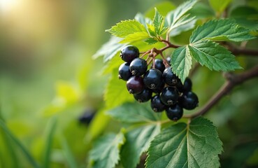 Blackcurrant berries on the bush. Fresh organic fruits in garden, summer day. Focus on ripe black berries surrounded by green leaves. Healthy food concept for nutrition, ingredient for jam, juice.