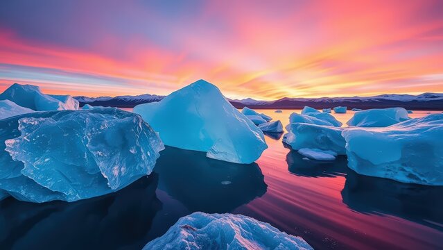 Beautiful sunset over the beach Icebergs on the beach