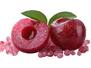 Two cherries with a leaf on top