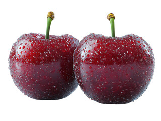 Two red apples with green stems