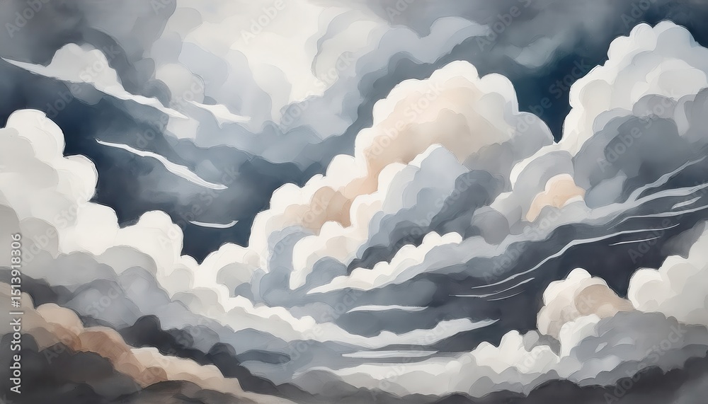 Poster dramatic layered storm clouds with painterly texture and soft light transitions for web background, album cover, poster, branding, or digital art emphasizing mood and atmosphere

