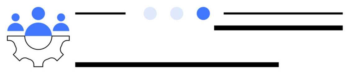 Gear icon with group silhouettes representing teamwork and settings, complemented by lines and dots for flow and process. Ideal for teamwork, collaboration, technology, workflow, innovation