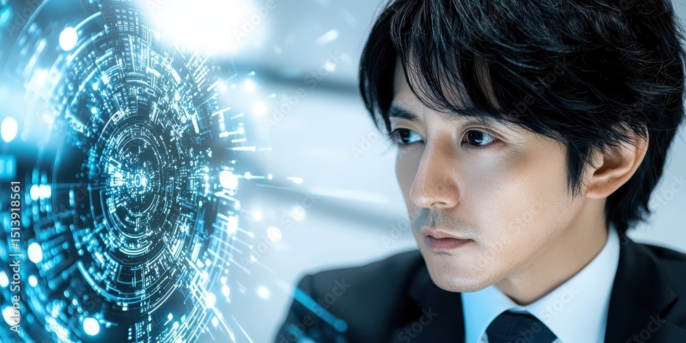 Poster business confident finance concept. a focused individual analyzing digital data in a futuristic sett