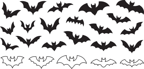 Naklejka premium Black silhouette of bats in various poses perfect for halloween or spooky themed design