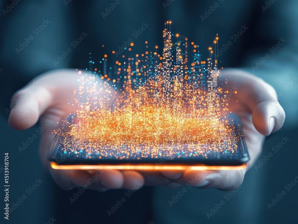 Poster business confident finance concept. a hand holding a smartphone with a digital data visualization em