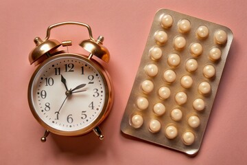 Elegant gold alarm clock and medication pills on pink background depict timely health routine concept
