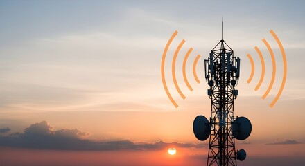 Telecom Tower at Sunset with Wireless Signal Animation