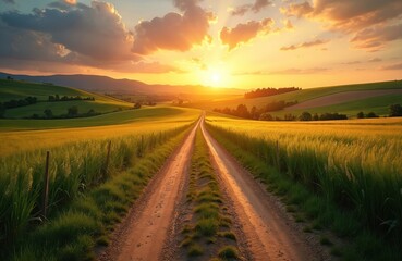 Country road leads towards sunset. Fields hills, grass, trees summer. Golden hour sunlight. Peaceful landscape scenery, rural nature view. Horizon with sky, clouds, agriculture, farm. Travel