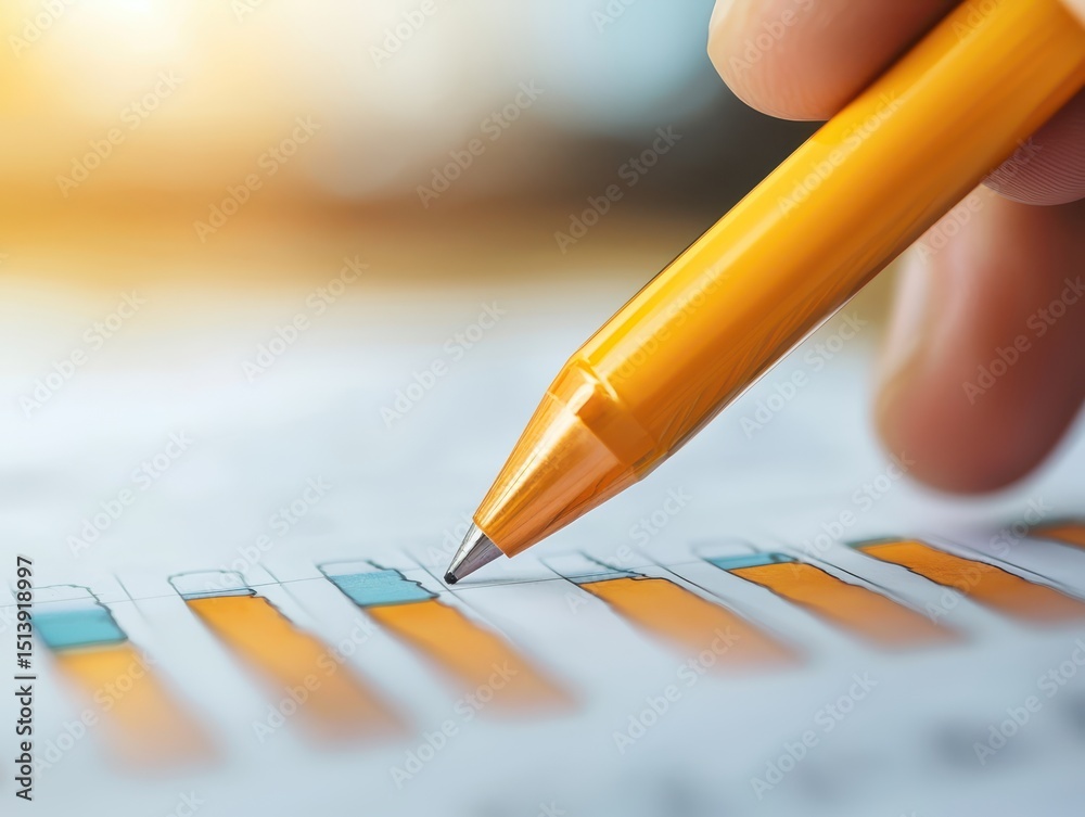 Poster business confident finance concept. a hand holding a yellow pen marks data on a colorful chart with 