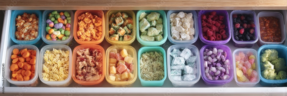Aufkleber organized drawer filled with convenient frozen meals for children, featuring colorful containers and