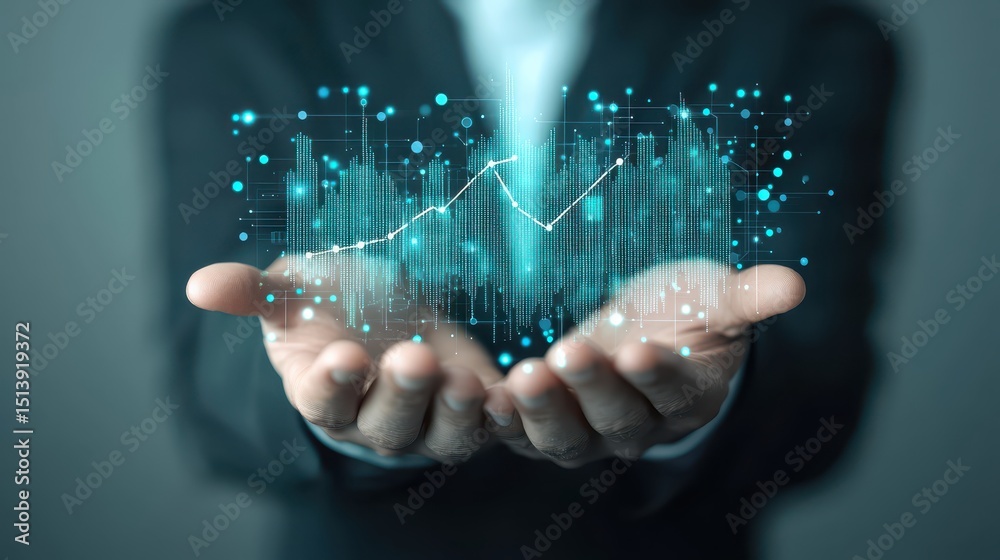Poster Business confident finance concept. Digital data visualization in hands representing technology and analytics.