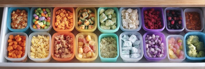 Organized Drawer Filled With Convenient Frozen Meals for Children, Featuring Colorful Containers and a Bright Layout