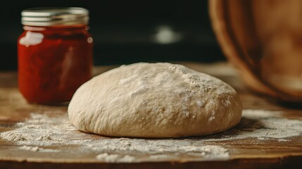 Fototapeta premium A ball of dough rests on a floured wooden surface beside a jar of tomato sauce, ready for baking.