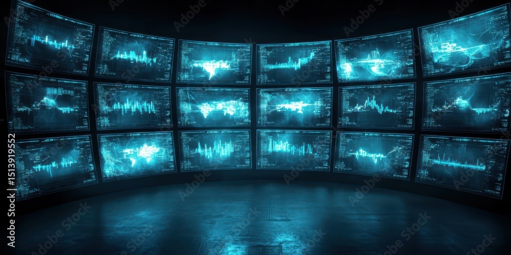 Poster Business confident finance concept. Futuristic control room with multiple screens displaying data visualizations.