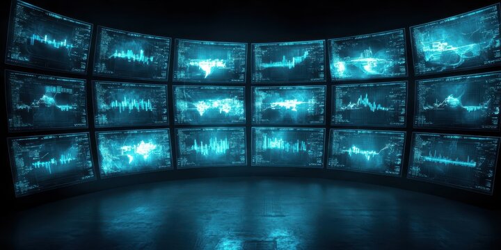 Business confident finance concept. Futuristic control room with multiple screens displaying data visualizations.