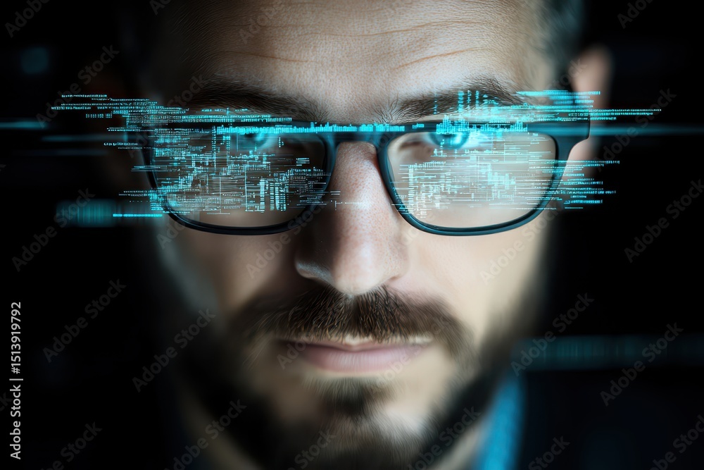 Poster business confident finance concept. a man with glasses looks intensely at digital data streams float