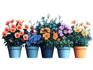 A row of five potted plants with different colors and sizes