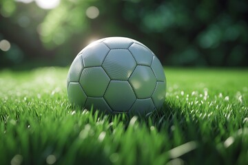 Fototapeta premium Soccer ball on lush green grass field sunlight