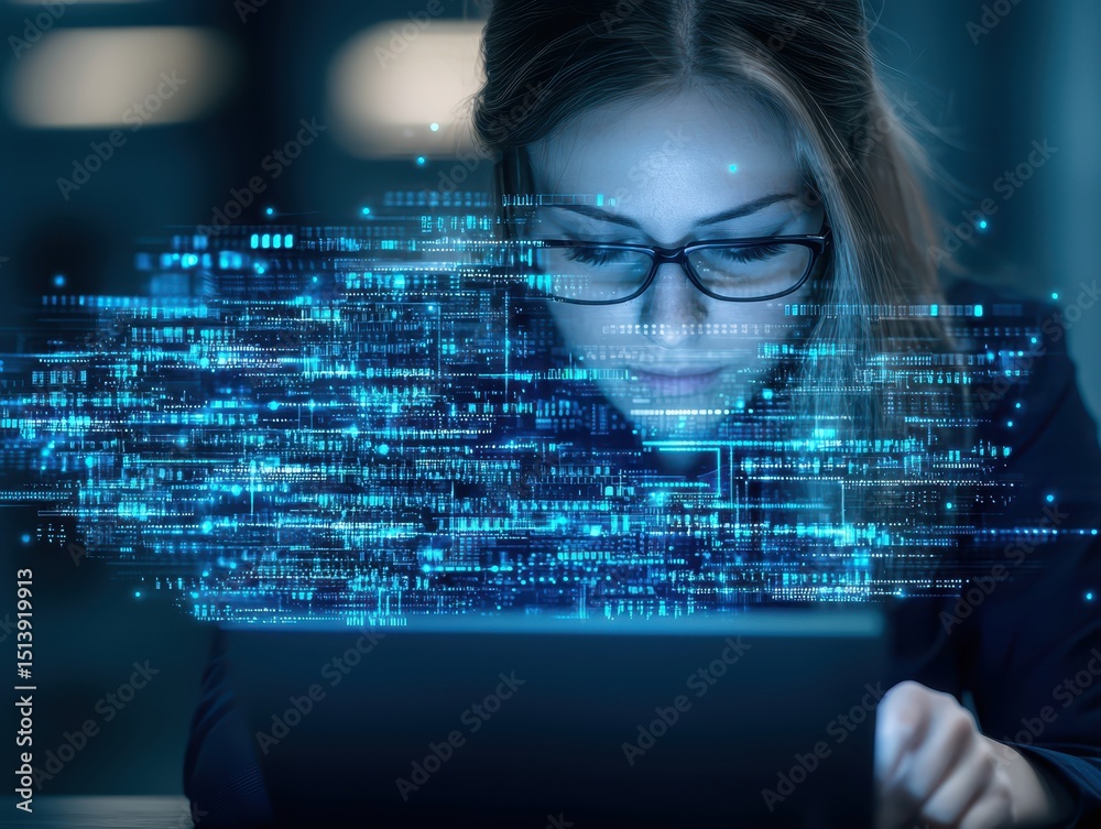 Poster business confident finance concept. a person working on a laptop with digital data overlay, symboliz