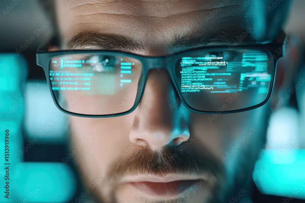 Aufkleber Business confident finance concept. Focused individual with glasses displaying programming code reflected in lenses.