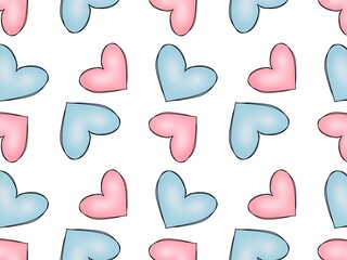 Pink and blue hearts with outline repeating raster pattern
