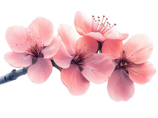 A close up of three pink flowers on a white background