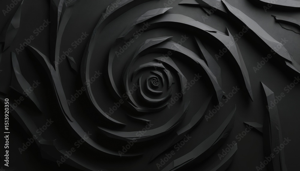 Poster Abstract black background features mesmerizing swirling spiral. Elegant, stylish design for various purposes art projects, presentations, web design, modern tech. Swirls, digital art with great depth