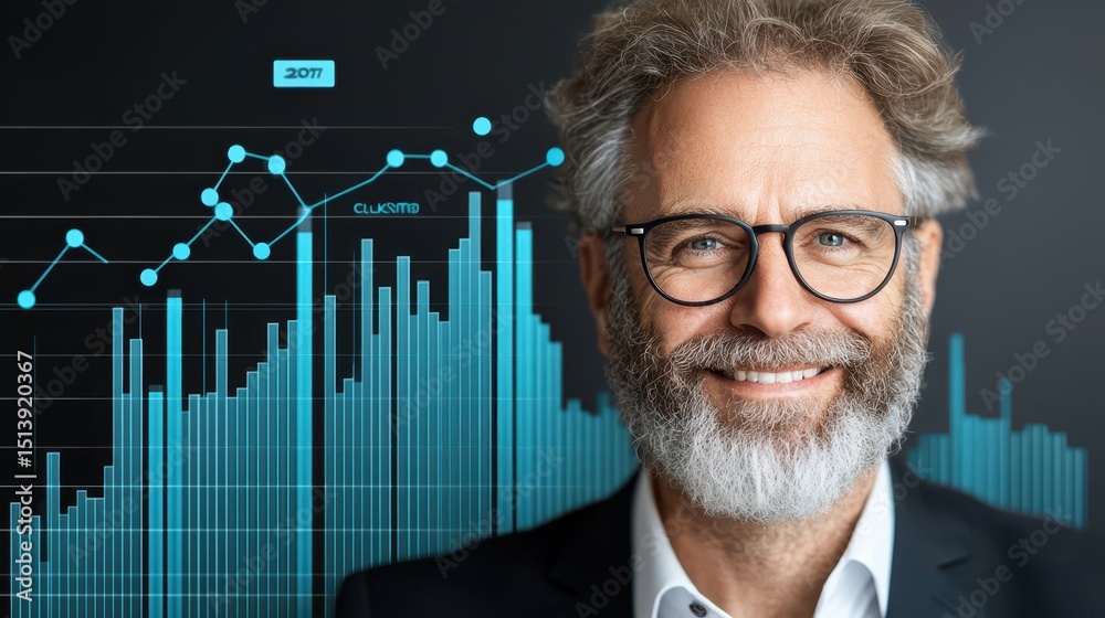 Poster Business confident finance concept. Professional man smiling with a beard, surrounded by data and graphs in a modern setting.
