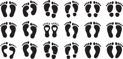 Collection of black footprints in various designs and formations on white background