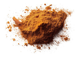 A pile of ground spices with a cinnamon stick in the middle
