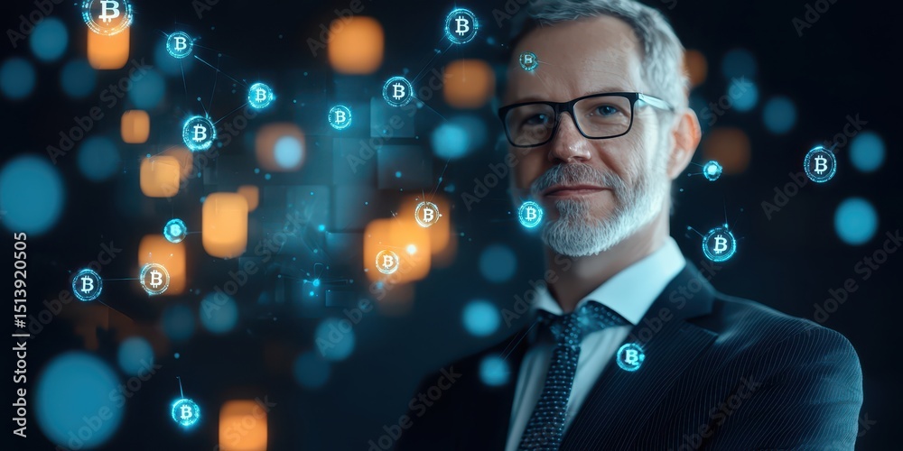 Poster business confident finance concept. businessman with glasses and blockchain graphics in the backgrou