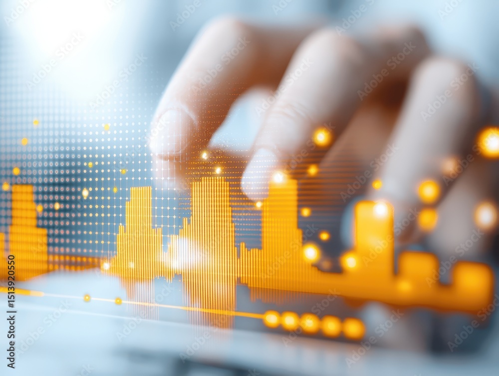 Aufkleber Business confident finance concept. Digital interface with hand interacting, visualizing data trends and analytics in a futuristic setting.