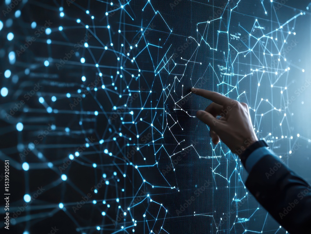 Poster business confident finance concept. a hand interacts with a digital network visualization on a scree
