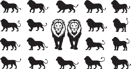 Collection of black lion silhouettes in various poses illustrating strength and majesty for design