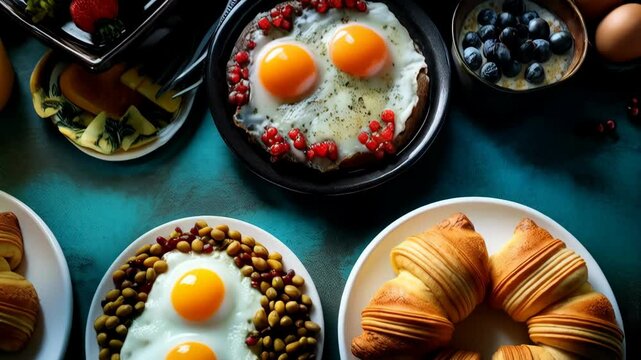 Overhead shot of a hearty brunch buffet featuring eggs, strawberries, croissants, juice, and other breakfast delicacies on a vibrant turquoise surface