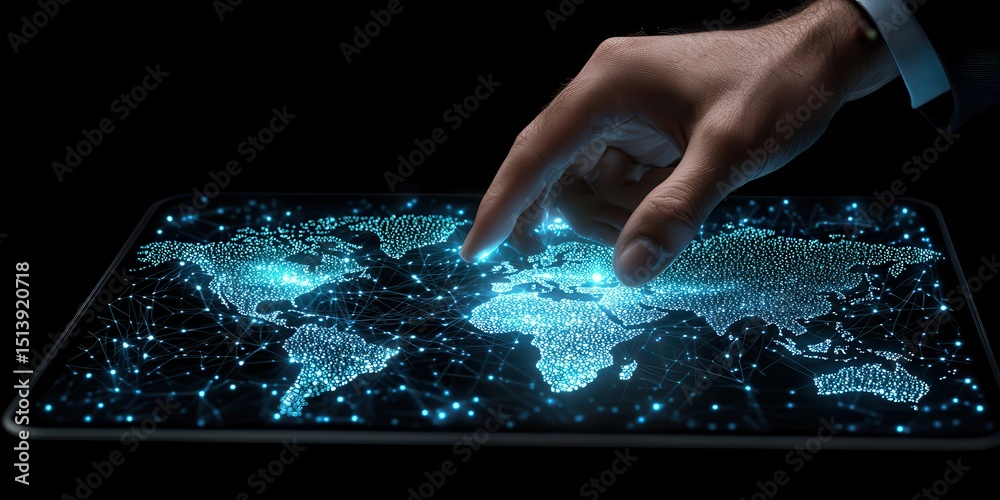 Poster business confident finance concept. interactive digital map with a hand touching the screen, showcas