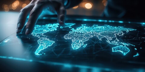 Business confident finance concept. A hand interacts with a glowing digital map of the world, showcasing connectivity and technology.