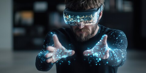 Business confident finance concept. A man in VR goggles interacts with digital elements in a futuristic setting.
